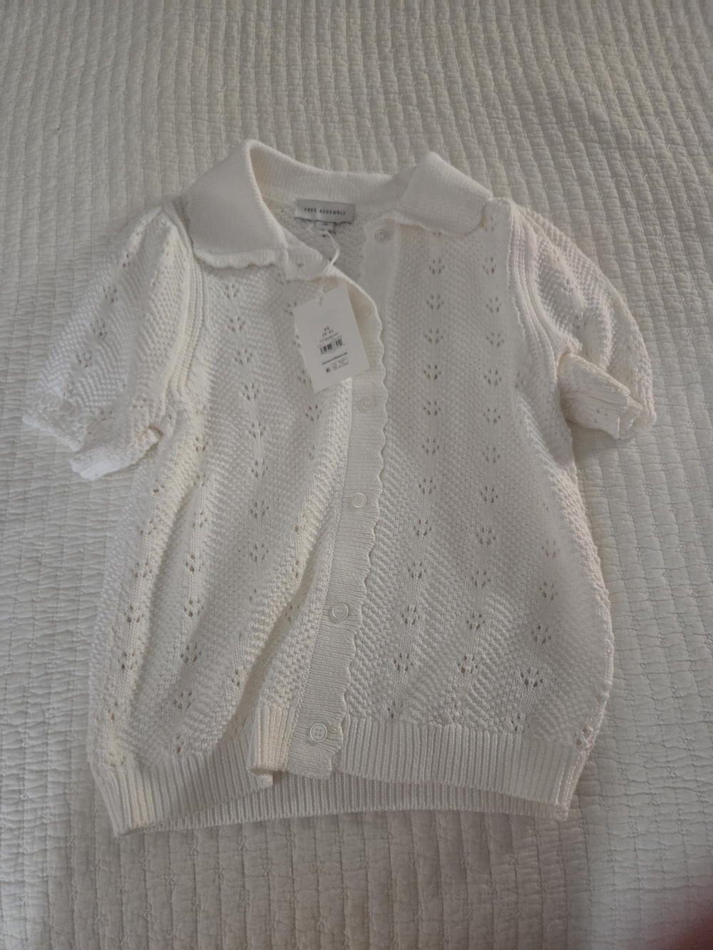 Free Assembly Cream Knit Short-Sleeve Cardigan with Peter Pan Collar